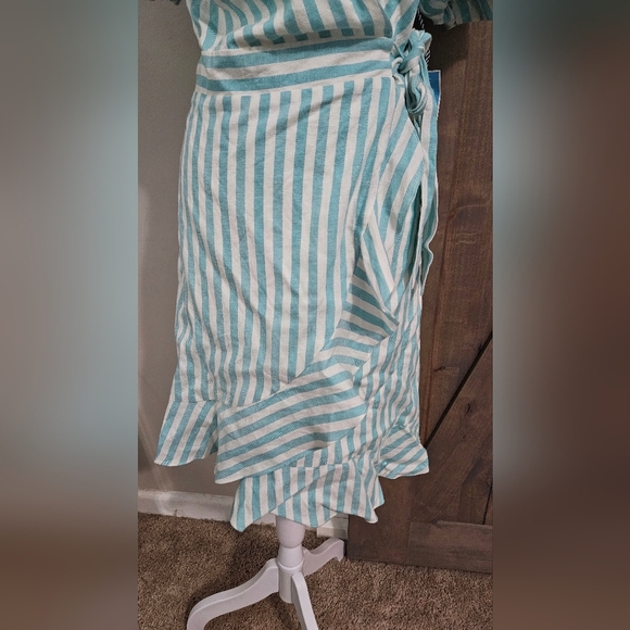 DRAPER JAMES Linen Blend Puff Sleeve Wrap Dress In Blue/white Striped.Size S NWT - Picture 9 of 15